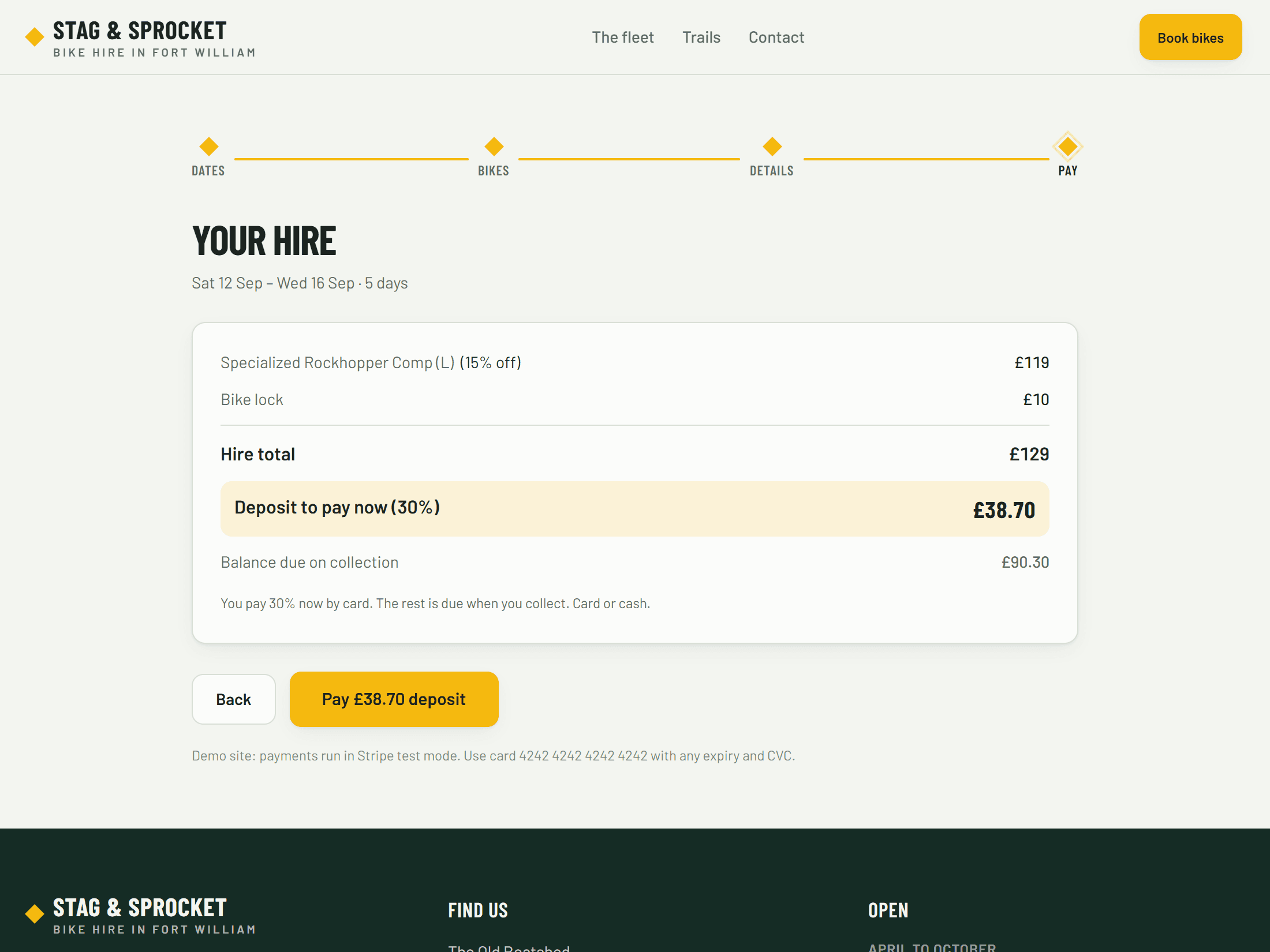 The demo shop's booking step, with a bike selected and the deposit and the balance shown separately.