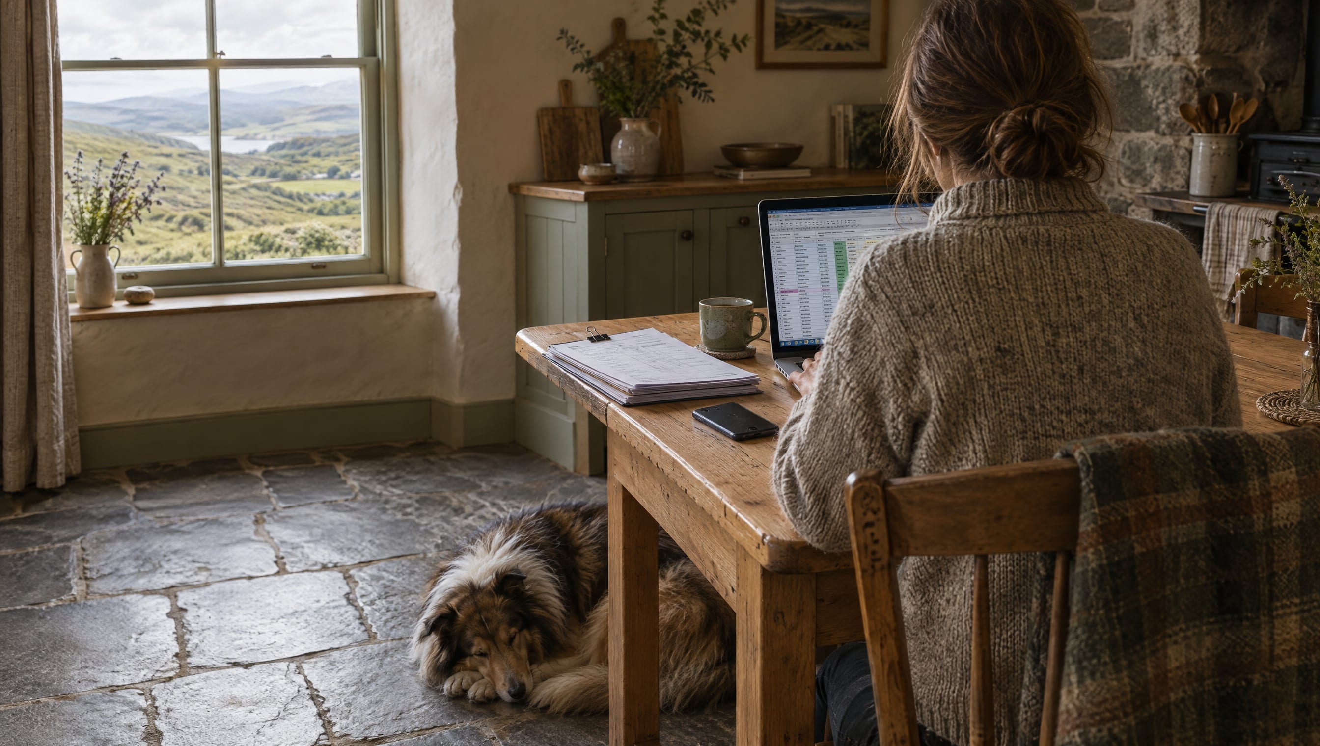 A Highland farmhouse kitchen used as an office: a person in a wool jumper, seen from behind, works through a spreadsheet on a laptop at a timber table, paper delivery notes beside it, a collie asleep on the flagstones.