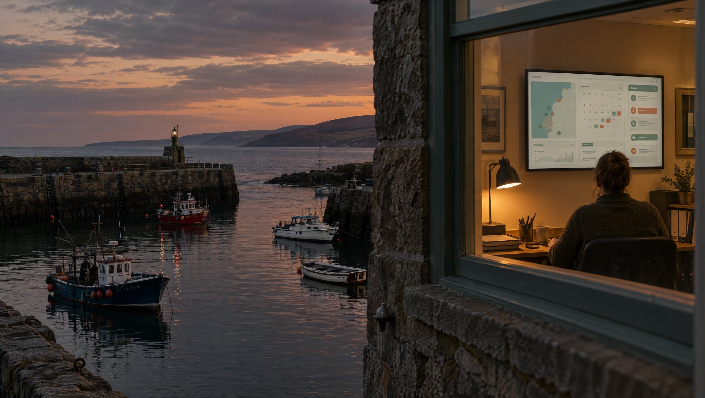 A small harbour at dusk with fishing boats on calm water; through the lit window of a stone harbour office, a person seen from behind reviews an operations dashboard on a wall screen.