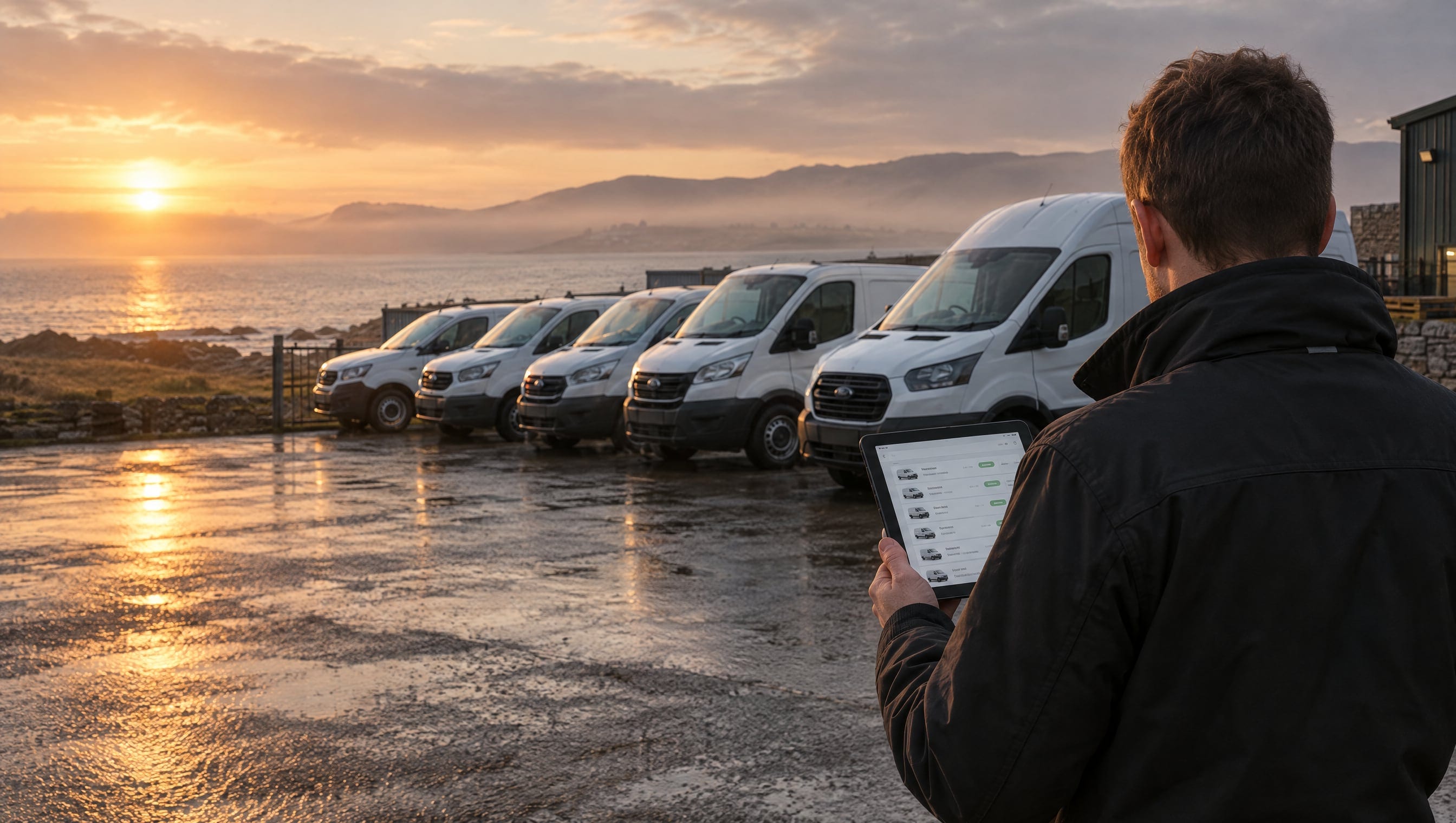 Dawn at a small vehicle-hire yard on the Moray Firth coast: a row of white vans on wet tarmac, a staff member seen from behind checking a booking list on a tablet, low sun through sea mist.