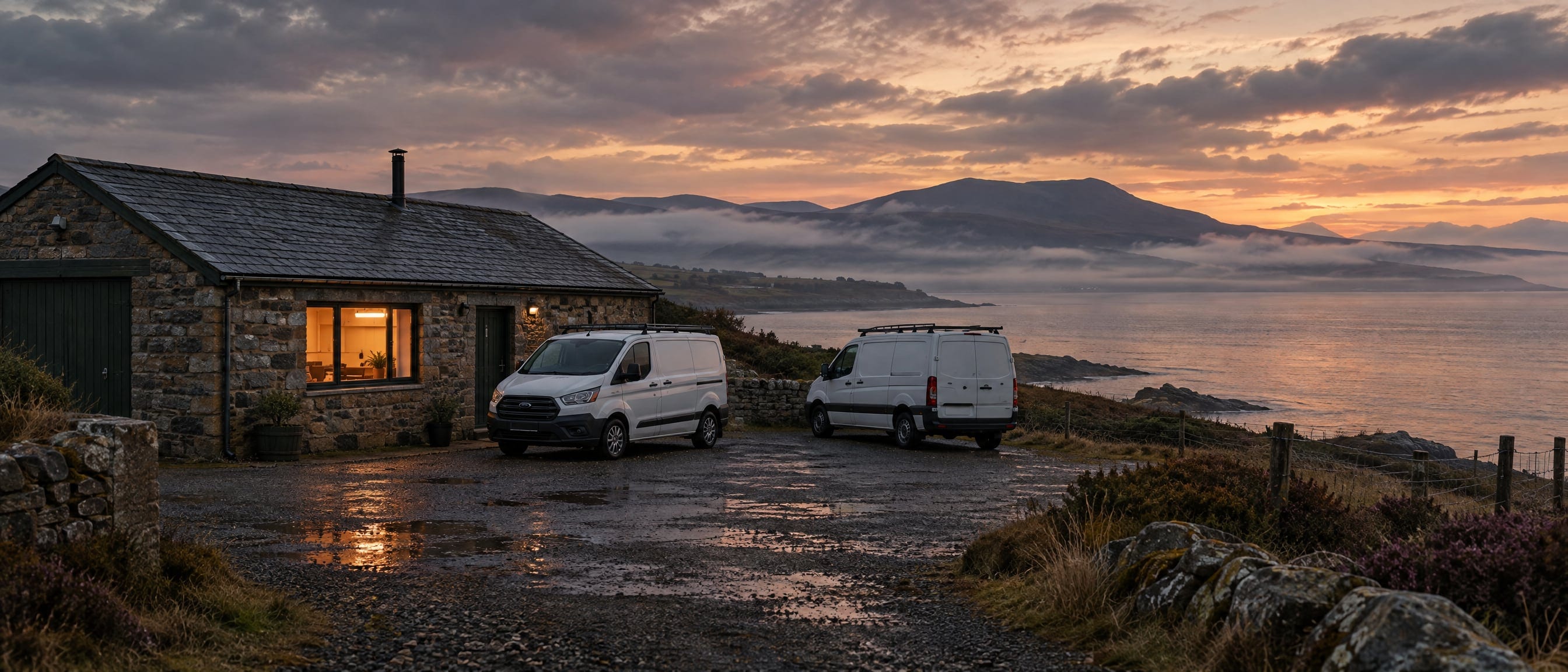 A low stone building at dusk on the Moray Firth coast with one warmly lit office window and two white vans on wet gravel, sea mist and hills behind.