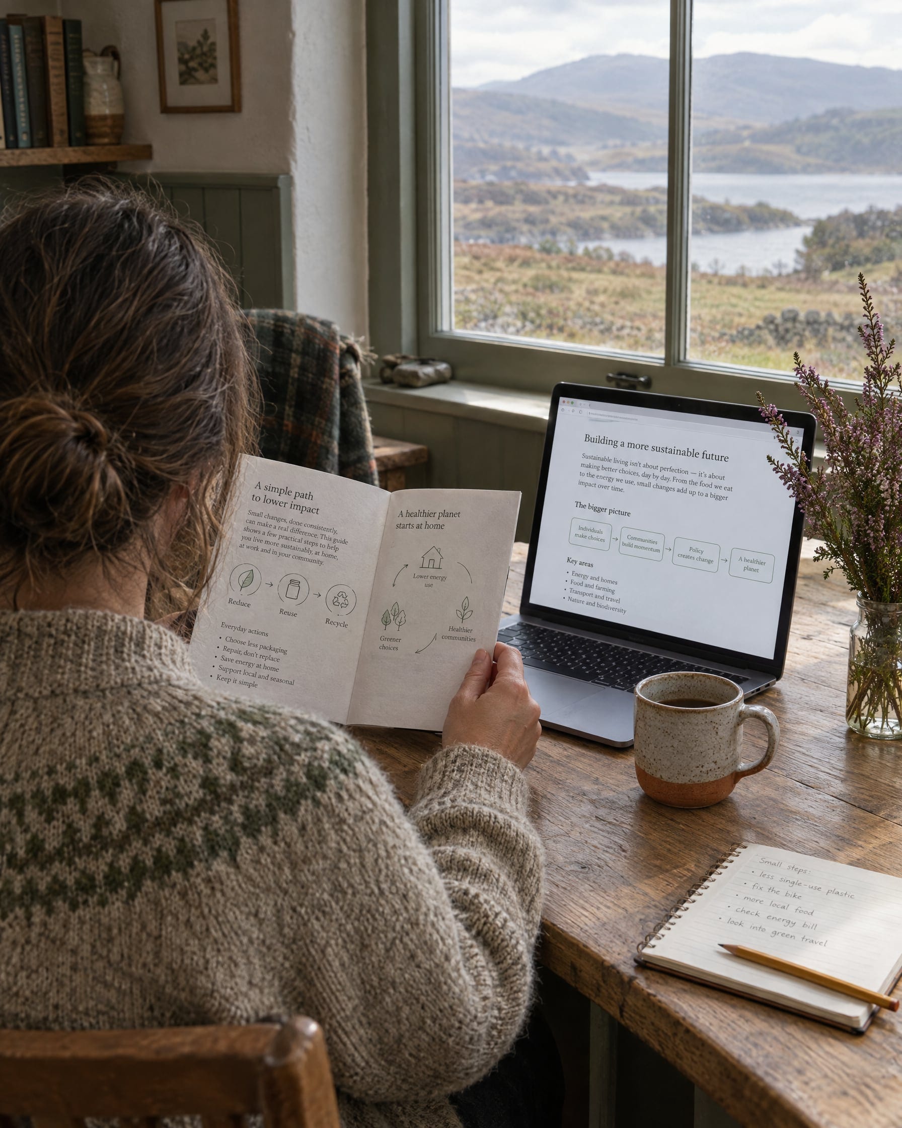 A person in a wool jumper, seen from behind at a Highland kitchen table, reads a short printed guide beside a laptop showing a plain web article, a mug and a notebook nearby, low hills through the window.