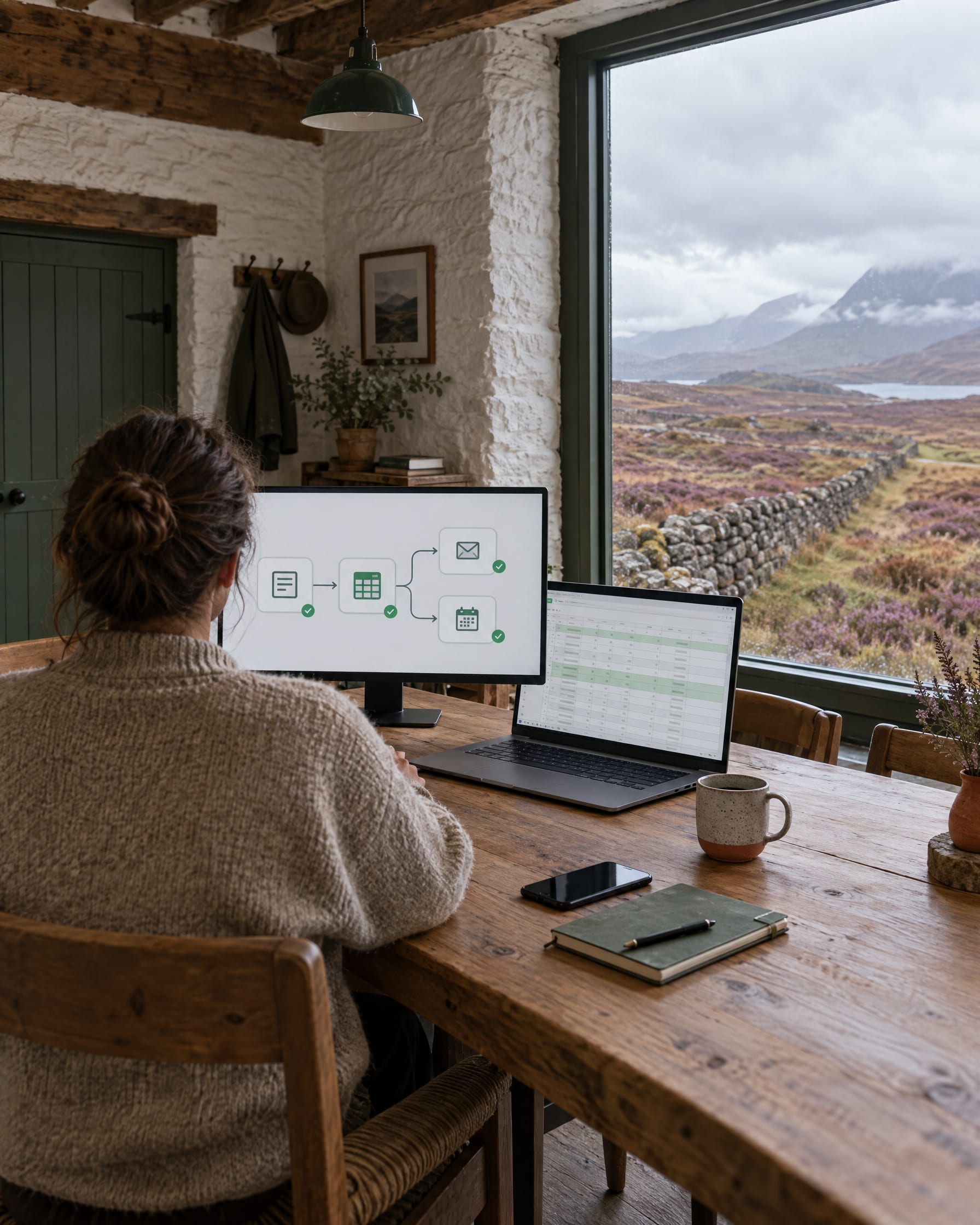 Inside a whitewashed Highland steading office: a person seen from behind at an oak table, one screen showing an automation flow from a form to a spreadsheet, an email and a calendar, a laptop beside it with a spreadsheet, and through the wide window heather moorland, a drystone dyke and hills under low cloud.