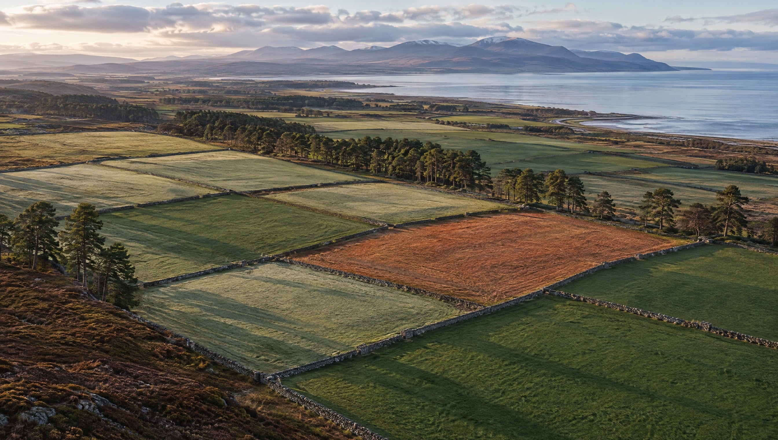 Aerial view of Nairnshire farmland: drystone dykes forming a patchwork grid, one field of warm bracken stubble among green, the firth and hills under soft cloud.