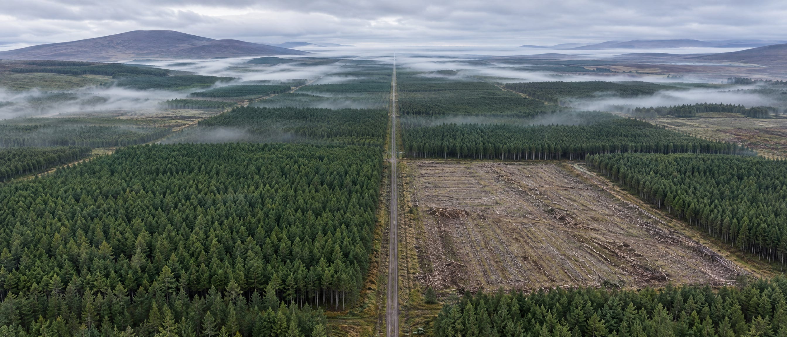 Aerial view of a Highland pine plantation divided into rectangular blocks by straight forestry tracks, one block felled to pale stubble, mist lying between the blocks.