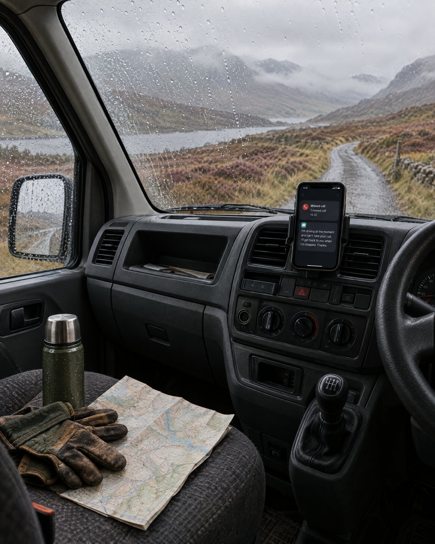 Inside a work van parked on a single-track Highland road in the rain: a phone on the dashboard shows a missed-call notice with an automatic text reply beneath it, a flask, gloves and a map on the seat, heather and mist ahead.