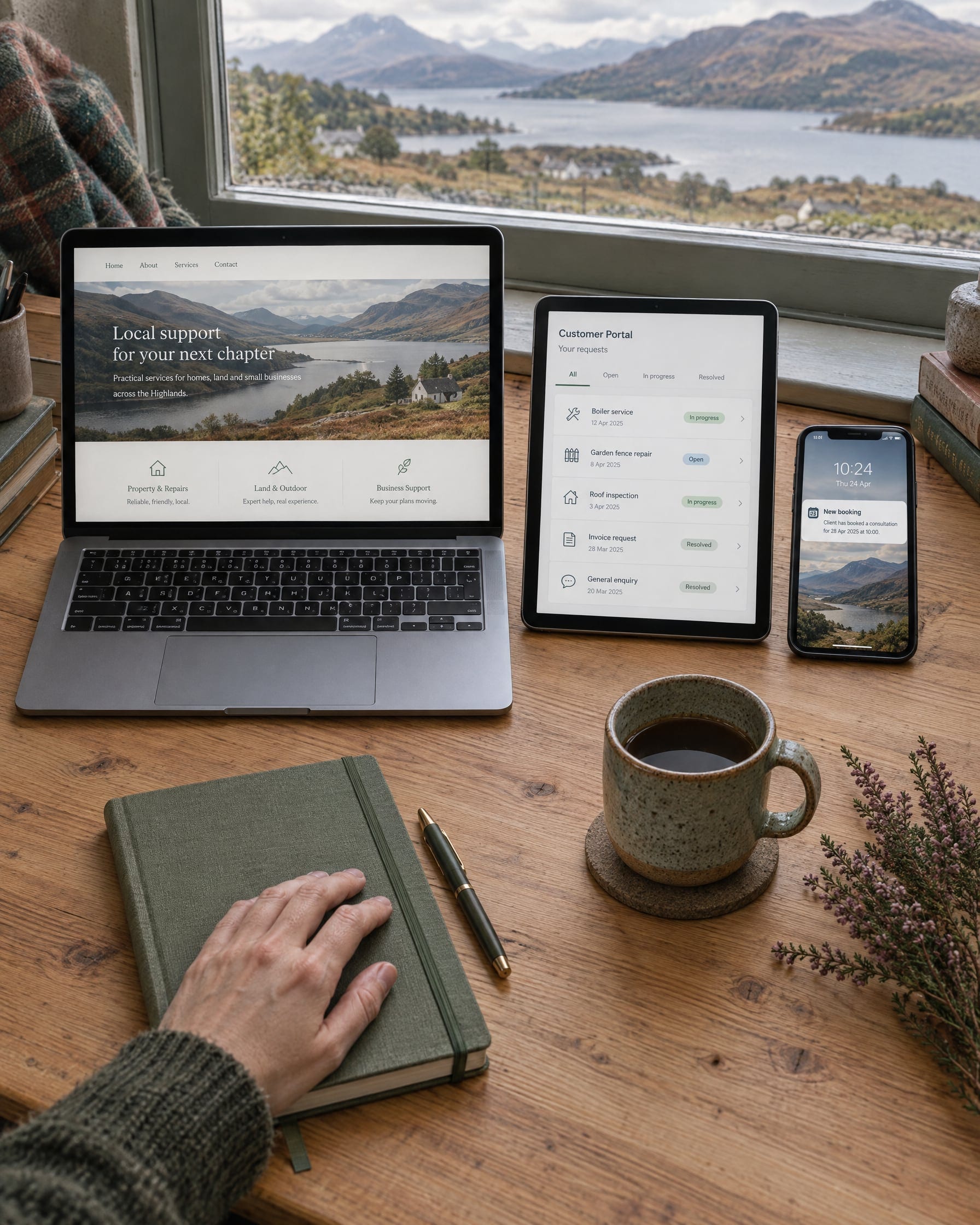 A timber desk by a window onto a Highland loch: a laptop showing a small-business website, a tablet showing a customer portal with a list of requests, and a phone showing a new-booking notification, a hand resting on a notebook.
