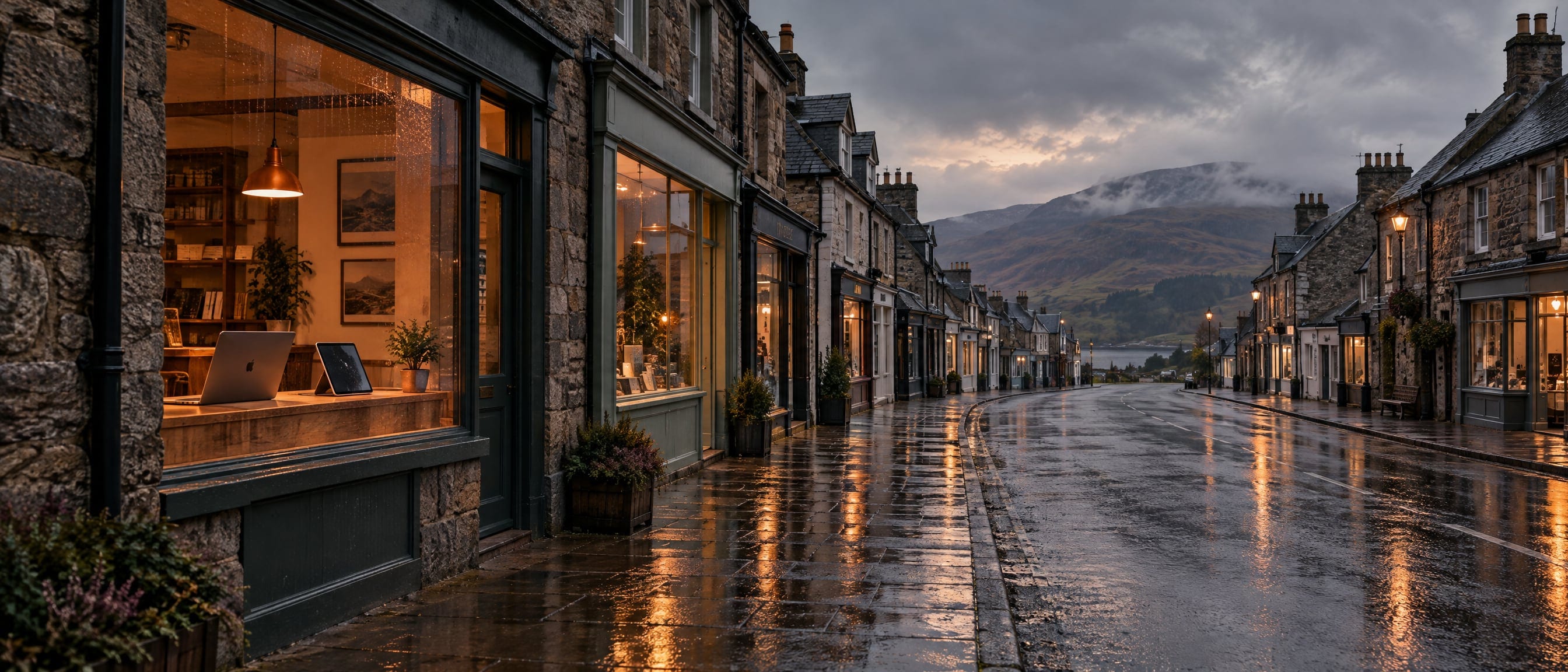 A Highland high street at dusk in light rain: stone-fronted shops, one with a warmly lit window where a laptop and tablet sit on the counter, wet pavement reflecting the light.