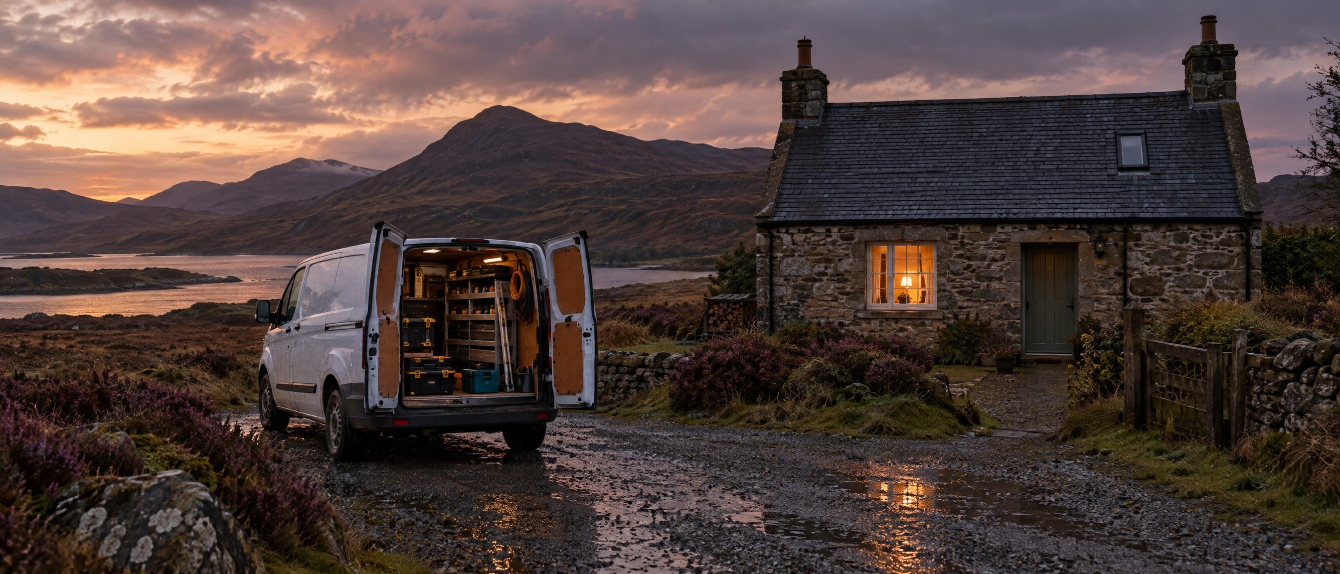 A tradesperson's white van with its rear doors open outside a Highland stone cottage at dusk, one window lit, wet gravel reflecting the light, heather moor and hills behind.
