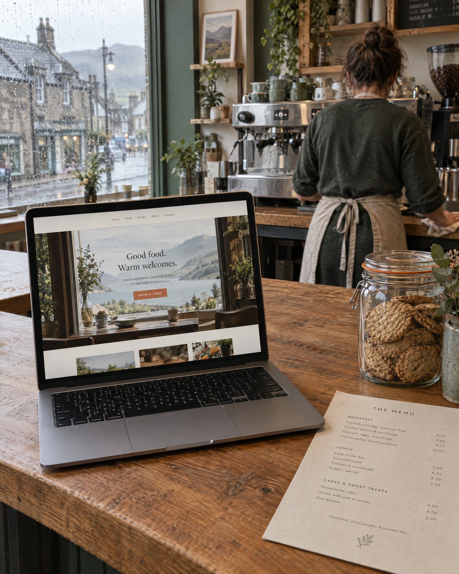 Inside a small cafe on a rainy Highland high street: a laptop on the counter shows the cafe's own website with a photo banner and a book-a-table button, a person in an apron works at the coffee machine with their back turned.