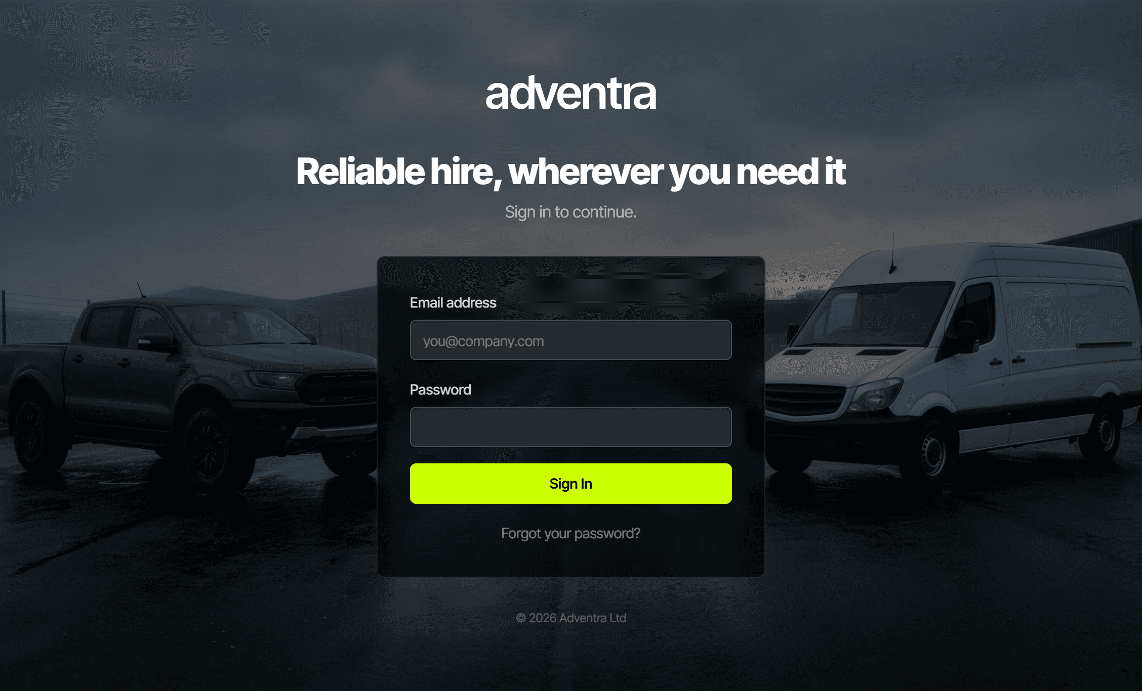 Adventra portal sign-in screen: the Adventra wordmark over a fleet backdrop, with email and password fields and a sign-in button.