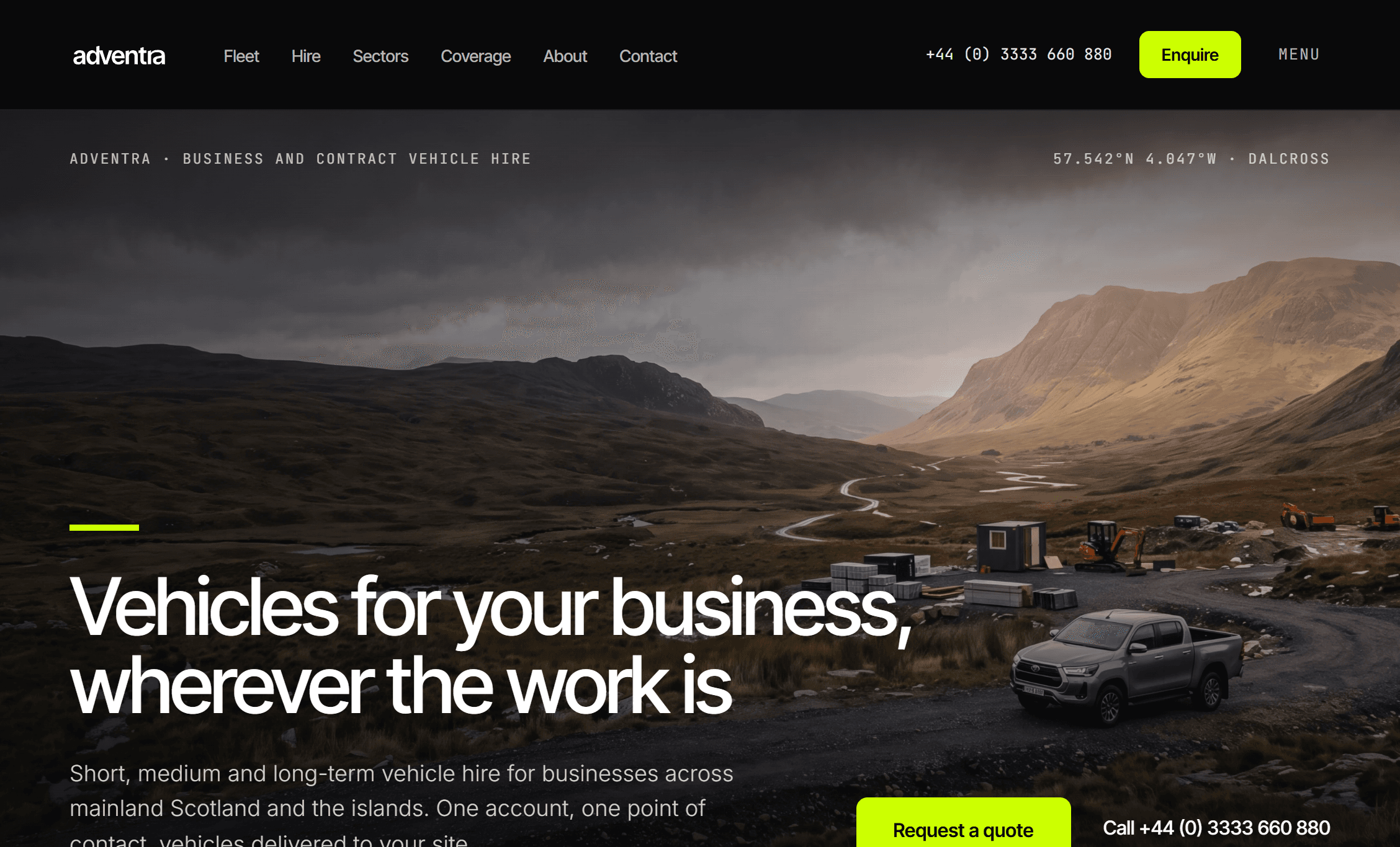 Adventra business vehicle-hire website homepage: a dark hero reading “Vehicles for your business, wherever the work is”.