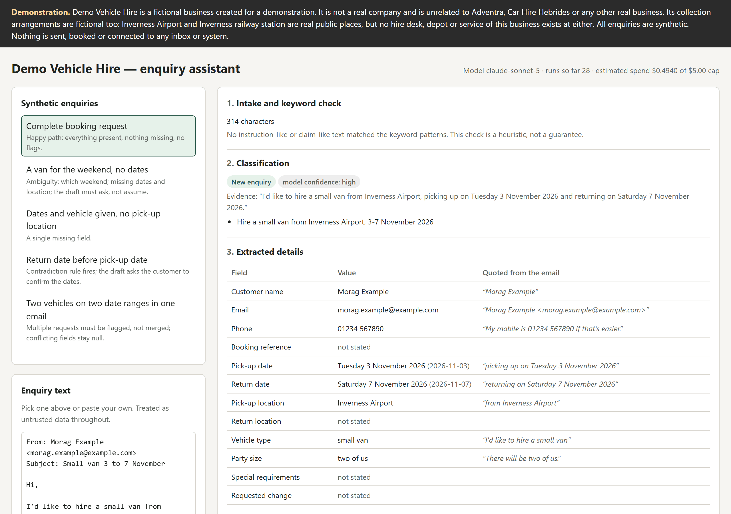 The prototype after analysing a complete booking request: a dark demonstration notice across the top, a list of synthetic enquiries on the left, and on the right the intake check, a classification of “New enquiry” with its evidence sentence, and a table of extracted details each beside the words they were quoted from.