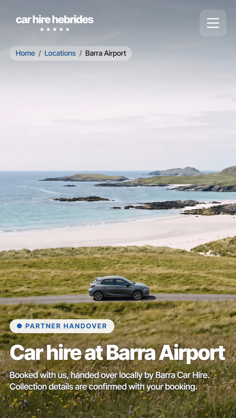 The Car Hire Hebrides Barra Airport page on a phone: a partner-handover badge over a beach scene, with a clear heading and collection note.