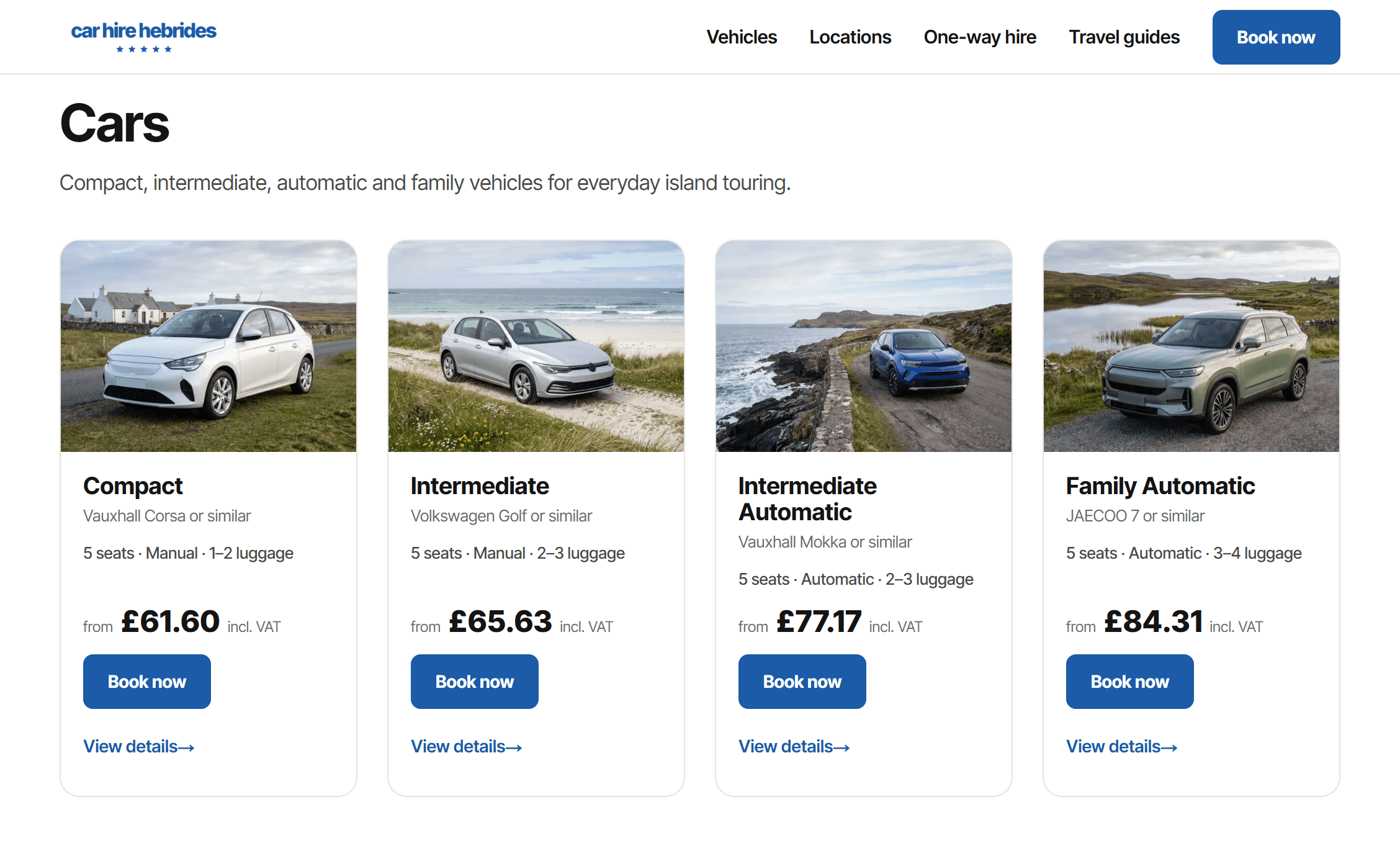 The Car Hire Hebrides vehicle catalogue: category cards for compact, intermediate, automatic and family vehicles, each with an example model marked 'or similar'.