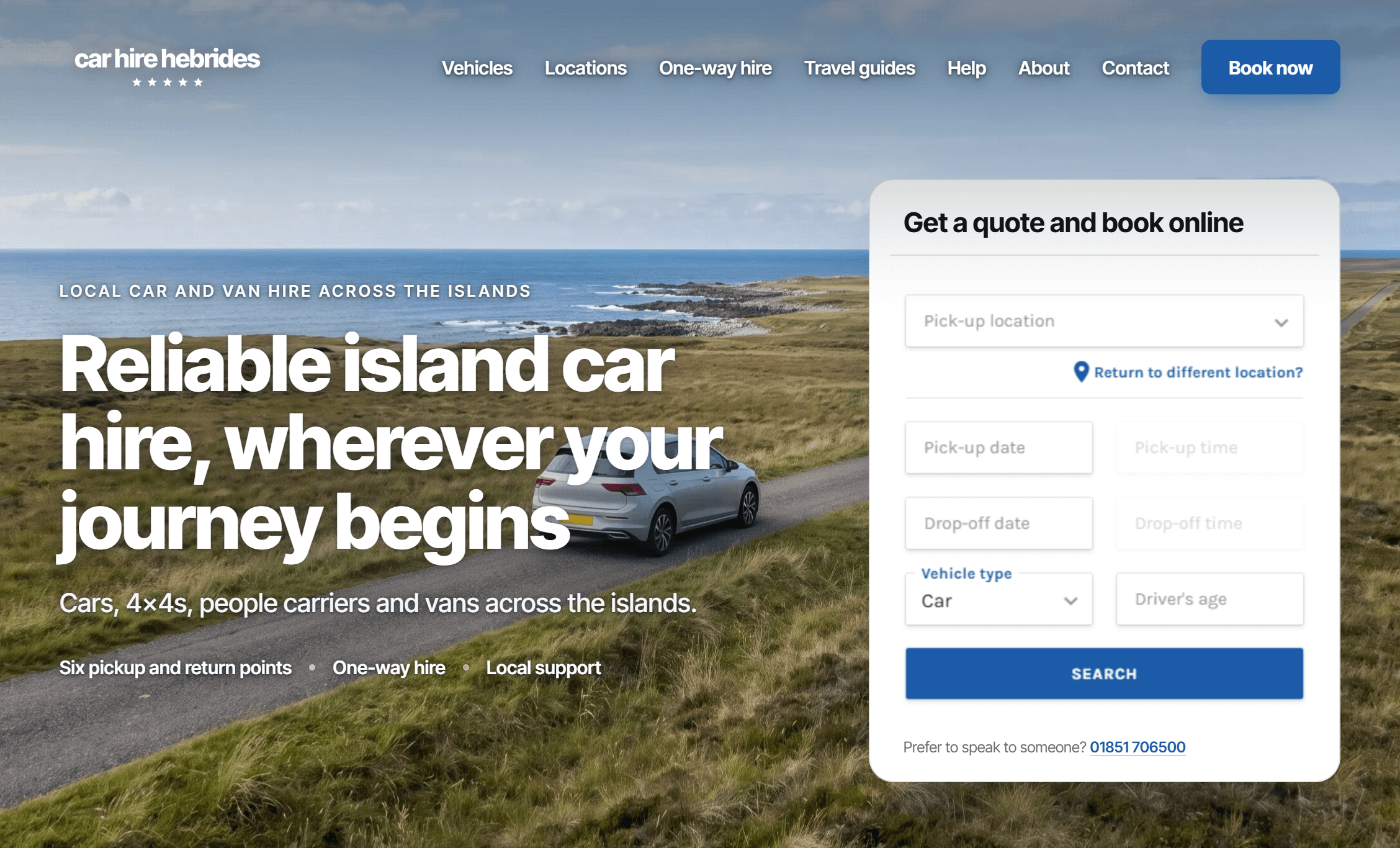 Car Hire Hebrides homepage: a hero headline over an island road beside a get-a-quote booking panel.
