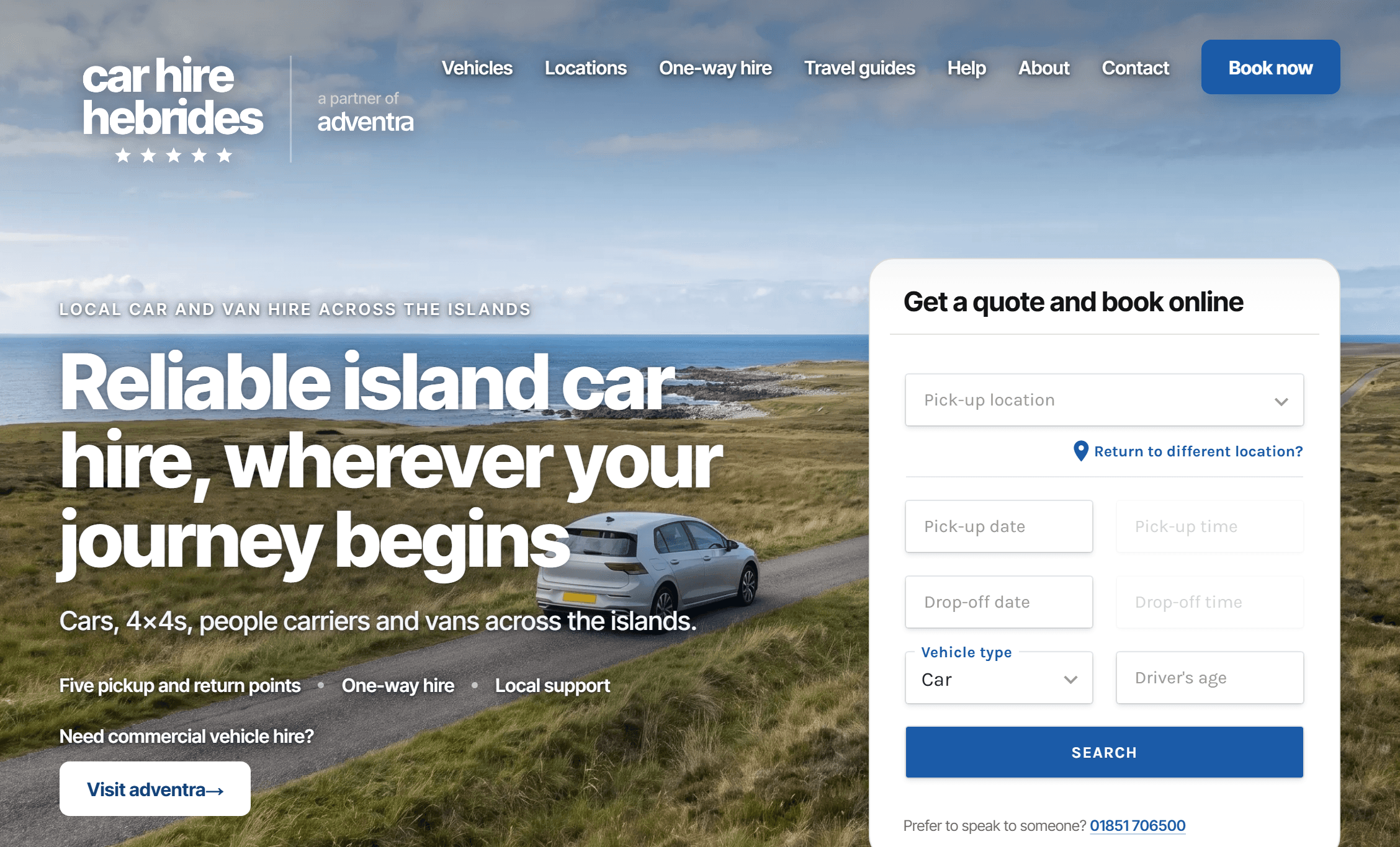 Car Hire Hebrides website homepage: a hero headline over an island road, beside a get-a-quote booking panel, with a partner-of-Adventra lockup in the header.