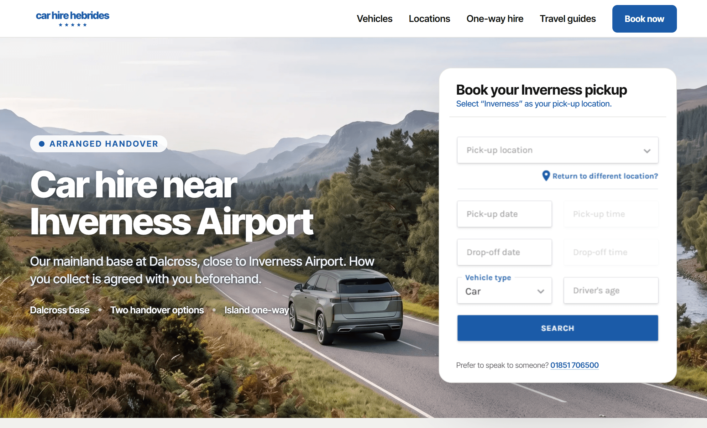 Car Hire Hebrides Inverness location page: a heading over a Highland scene, with collection details and vehicle guidance.