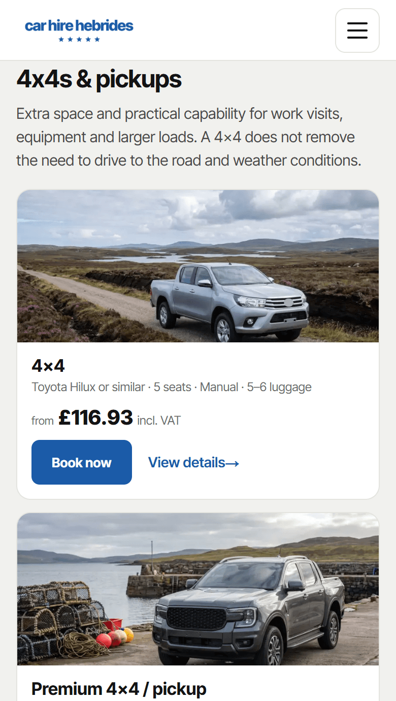 The Car Hire Hebrides 4x4s and pickups category on a phone: stacked vehicle cards with example models marked 'or similar'.