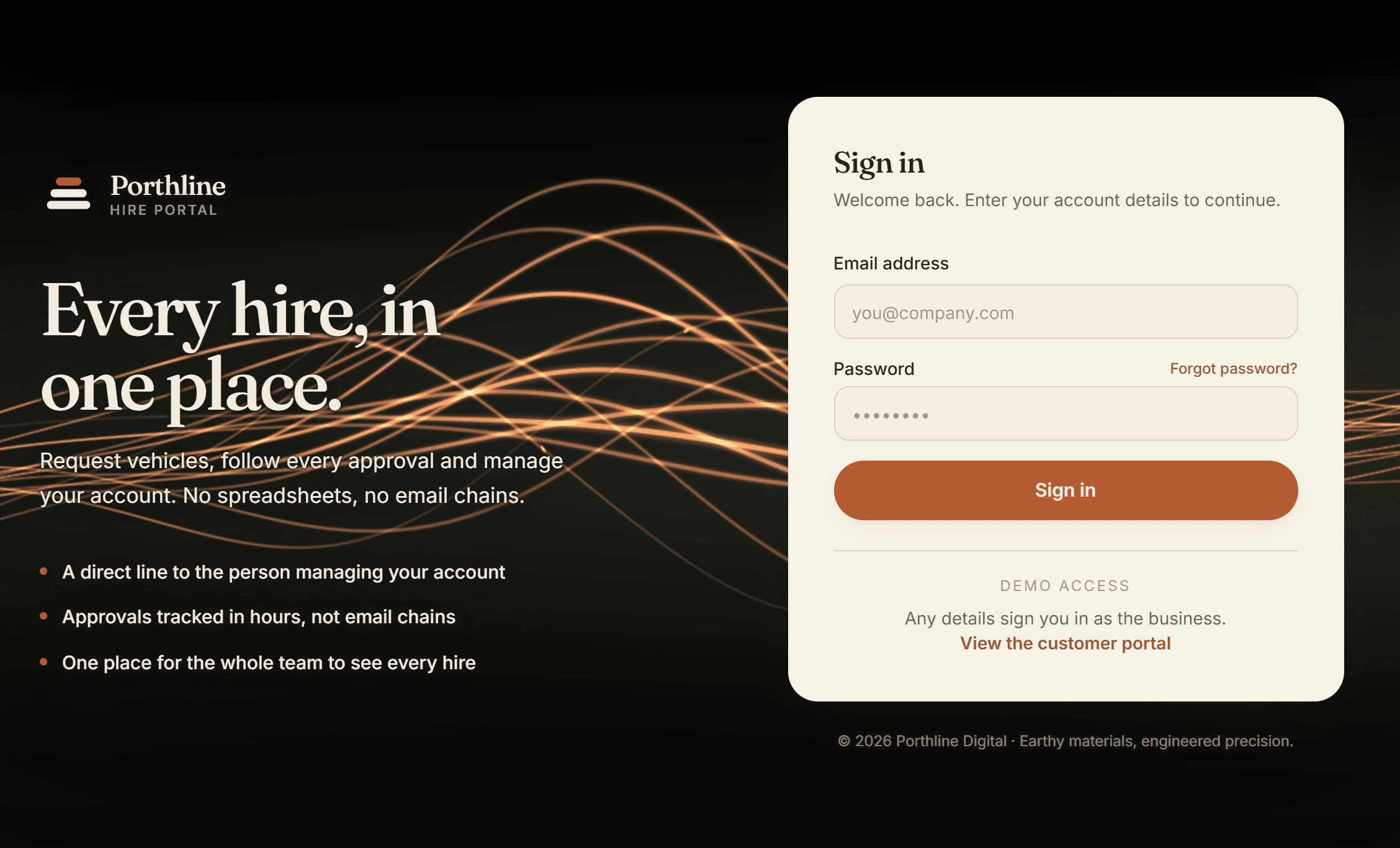 The Porthline demo hire portal sign-in screen: a dark hero reading “Every hire, in one place.” beside an email and password form.