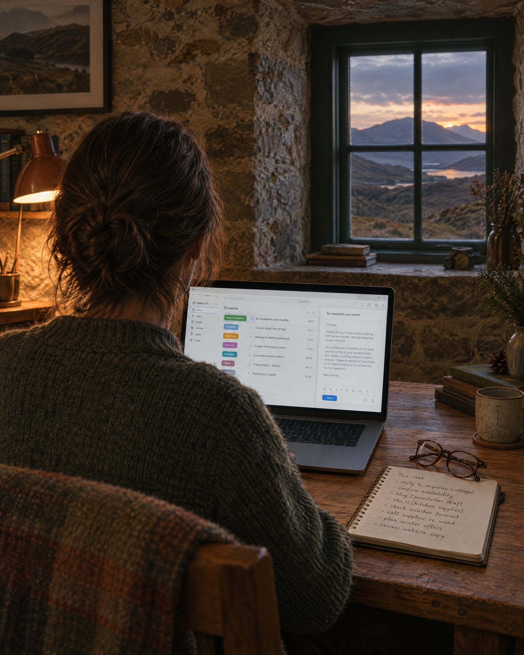 Over the shoulder of a person at a laptop in a lamp-lit stone steading office: an inbox with enquiries grouped under coloured tags and a drafted reply open beside it, hills fading through a small window.