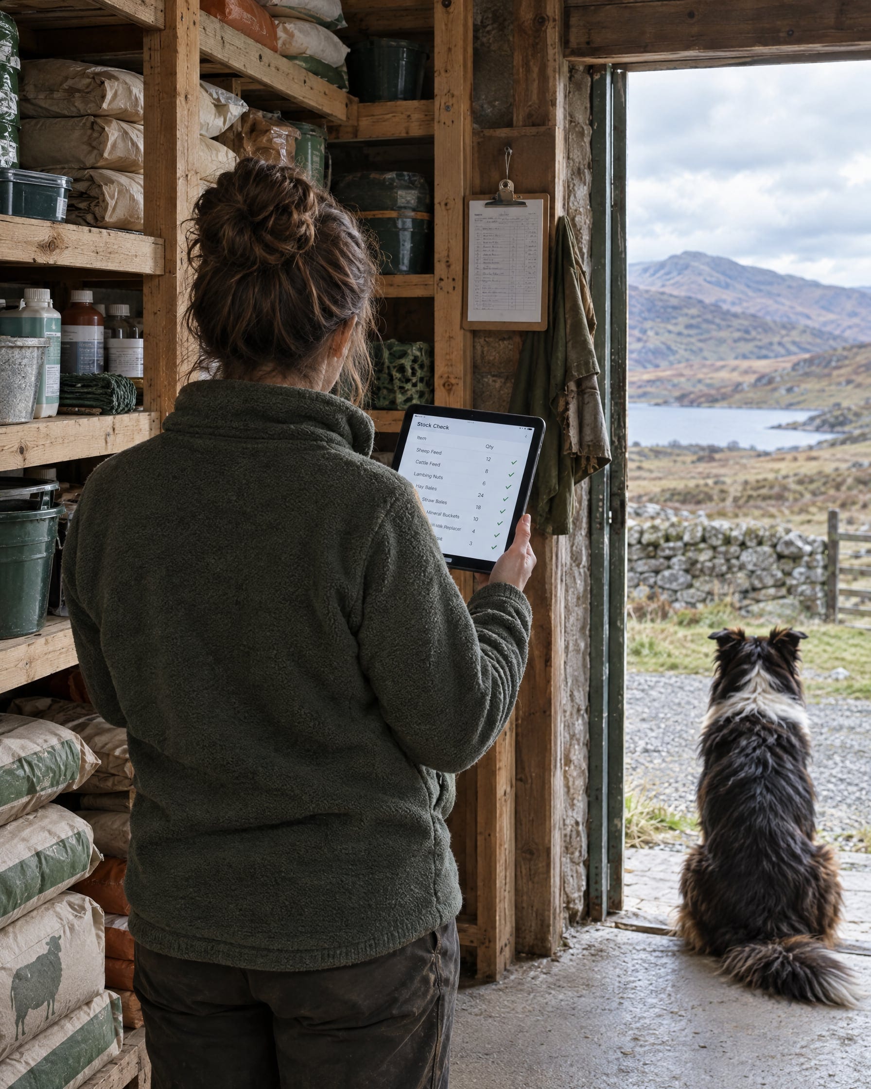 A farm supplies storeroom: a person in a fleece, seen from behind, checks stock on a tablet showing a list of items with quantities and ticks, timber shelving and sacks around, a collie in the doorway.