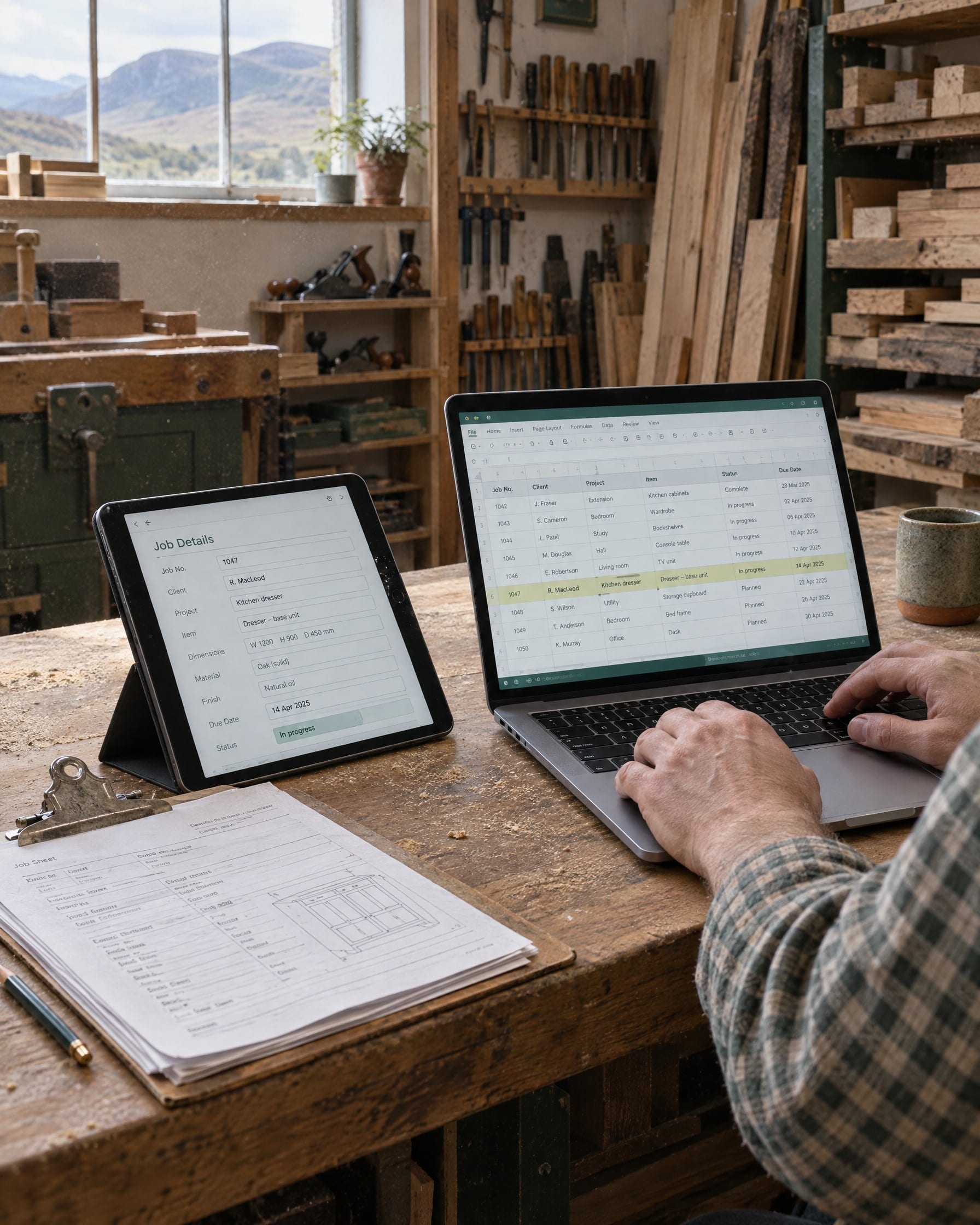 A joinery workshop office: a clipboard of printed job sheets beside a tablet showing a filled-in job form and a laptop where the same job has appeared as a new row in a spreadsheet, hands at the keyboard, timber and tools behind.