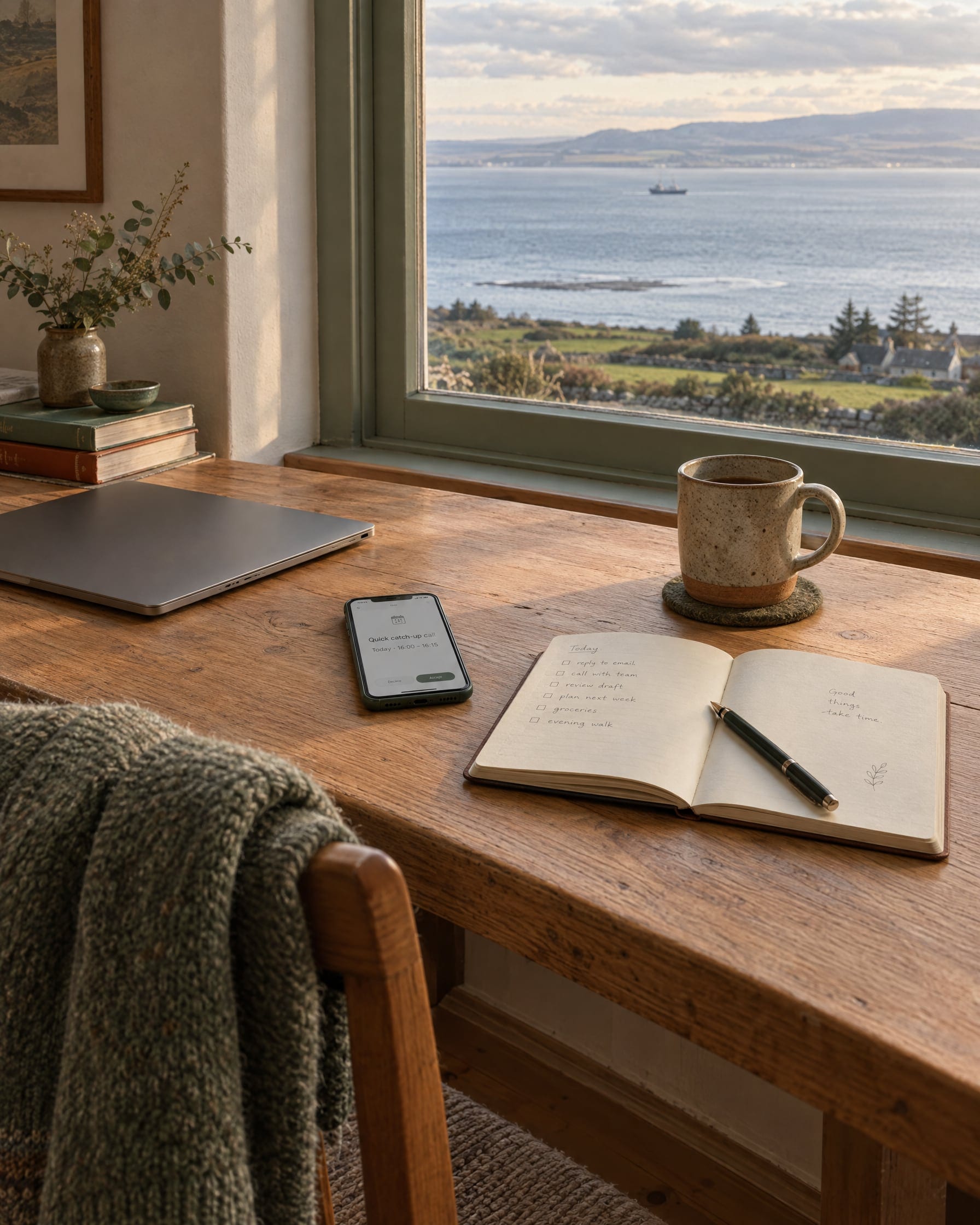 A quiet desk by a window onto the Moray Firth: a phone showing a calendar invitation for a short call, an open notebook with a handwritten list, a mug, a folded jumper on the chair.