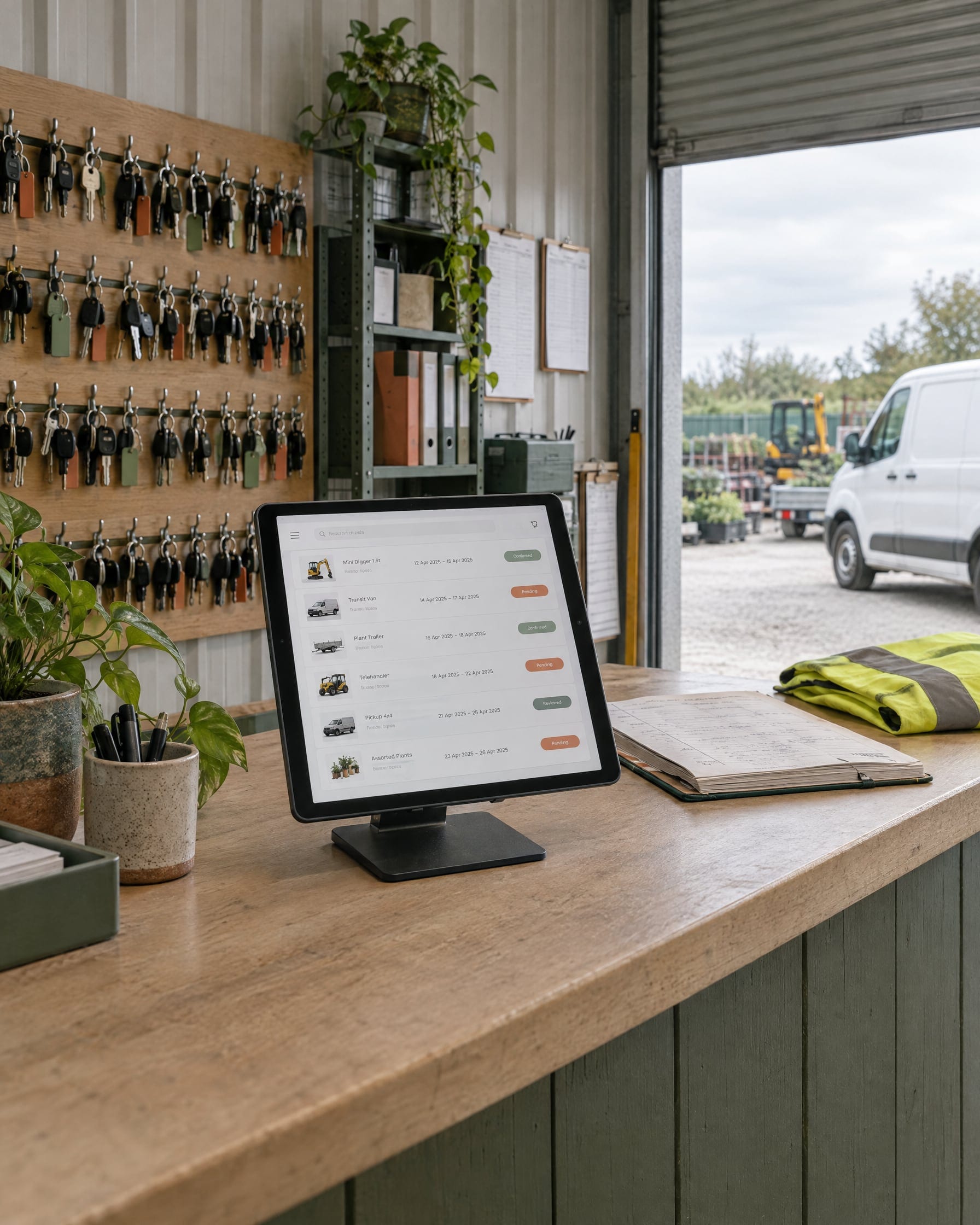 The counter of a small hire company inside a steel-clad unit: a tablet on a stand shows a customer portal listing hire requests with status chips, keys hang on hooks behind, a white van waits outside the roller door.