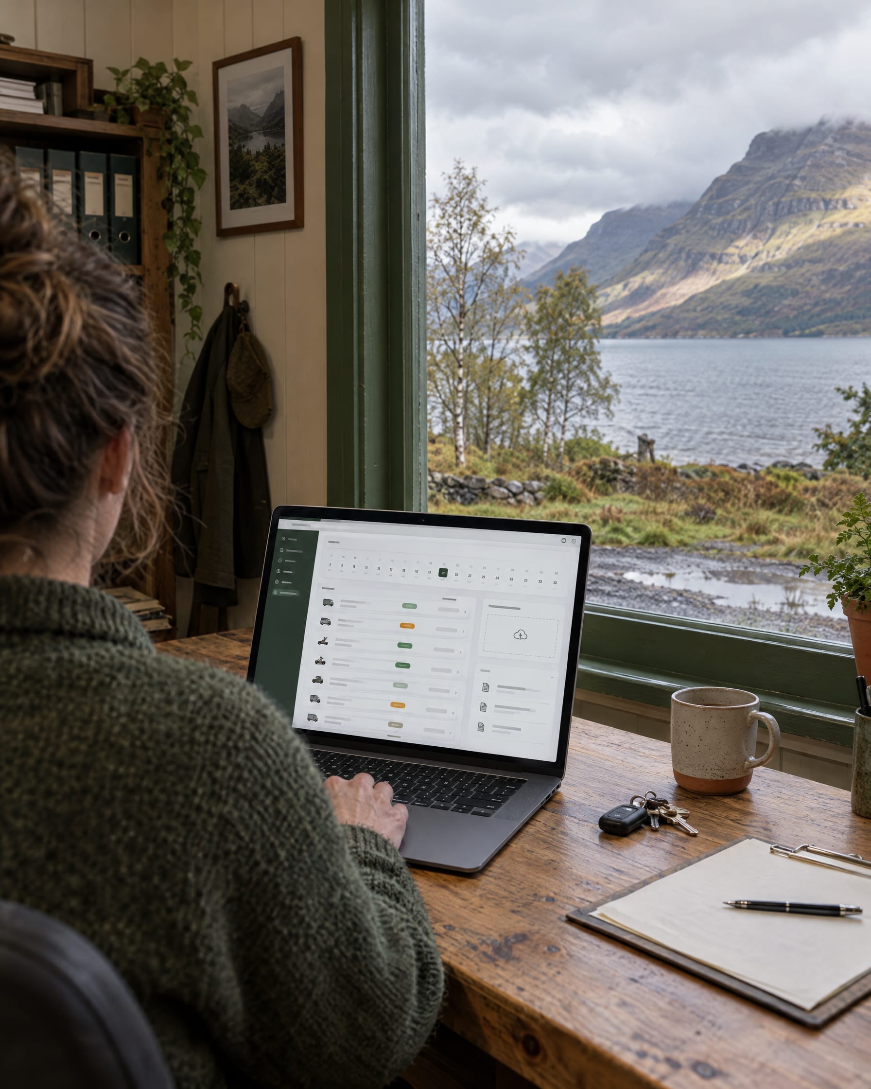 Over the shoulder of a person in a Highland hire-yard office, their laptop showing a customer portal with a list of requests and green and amber status tags; beyond the window, a sea loch, birch trees and steep mountains under moving cloud.