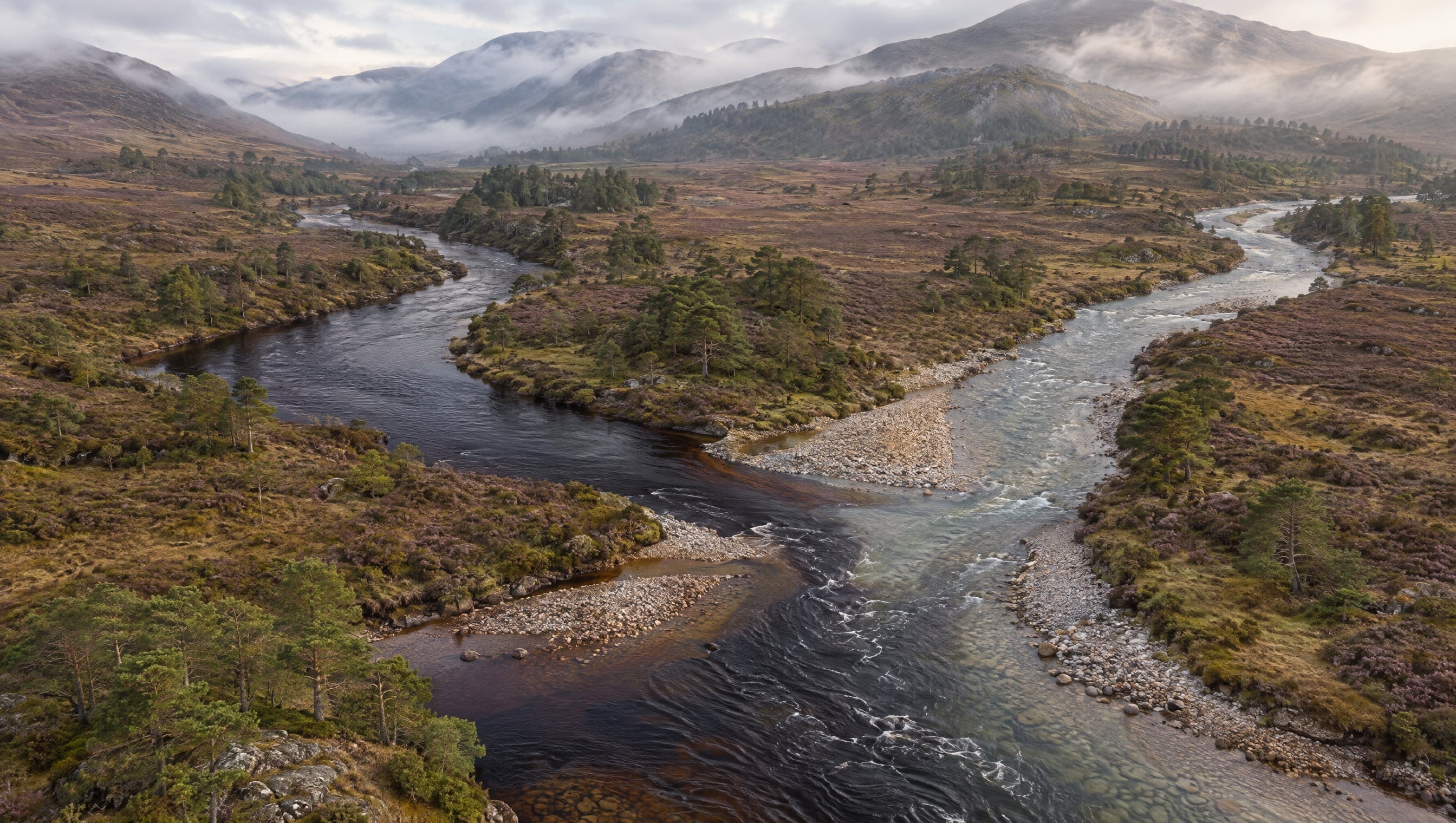 Aerial view of two Highland rivers, one peat-dark and one clear, braiding together into a single channel through heather moor and Scots pines.