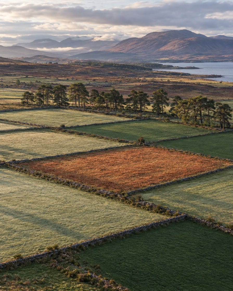 Aerial view of Highland fields divided into a grid by drystone dykes, one field of warm bracken stubble among green, a line of Scots pines and hills beyond.