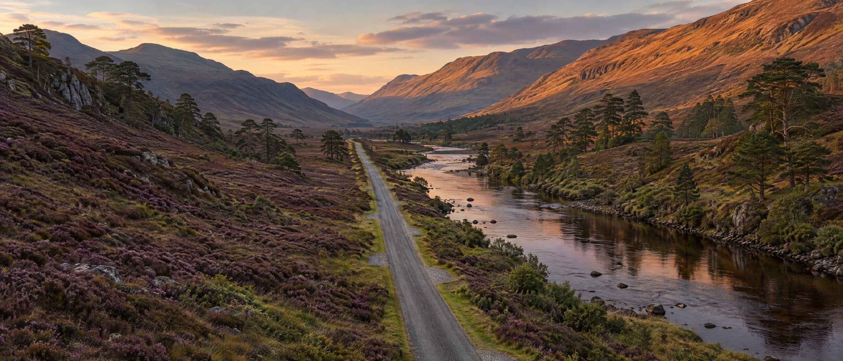 A single-track road with evenly spaced passing places runs along a Highland glen beside a dark river, heather slopes and Scots pines in warm evening light.