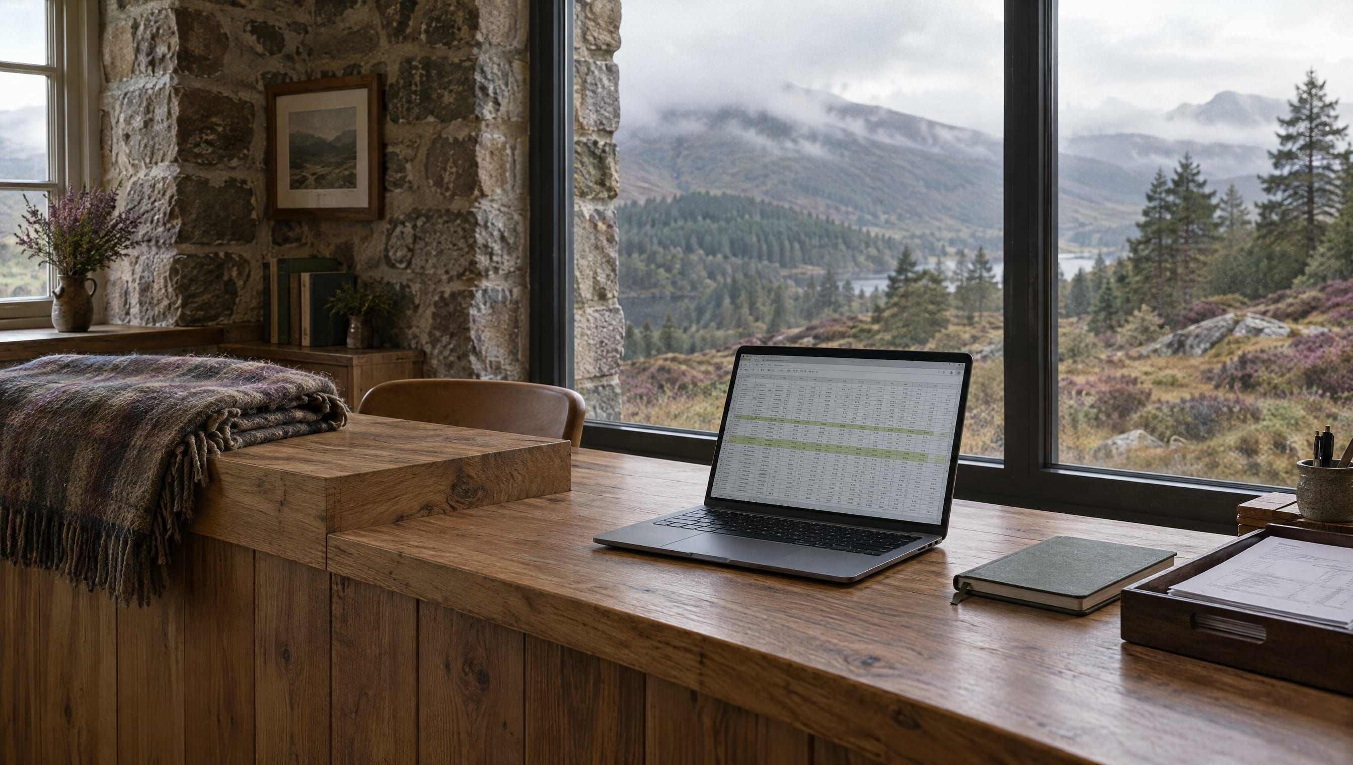 A timber reception desk in a converted Highland stone building: a laptop open to a spreadsheet, a closed diary and a tray of invoices, misty pine-covered hills through the window.