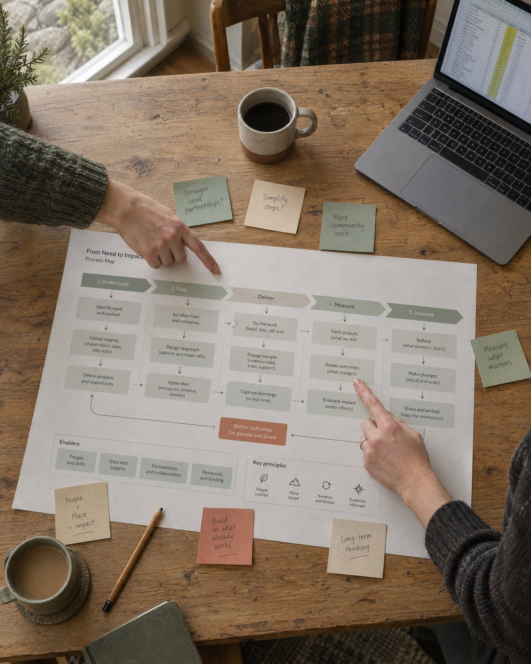 Looking straight down at a timber table: a printed process map with boxes and arrows, sticky notes, two people's hands pointing at it, a laptop open to a spreadsheet, two mugs.