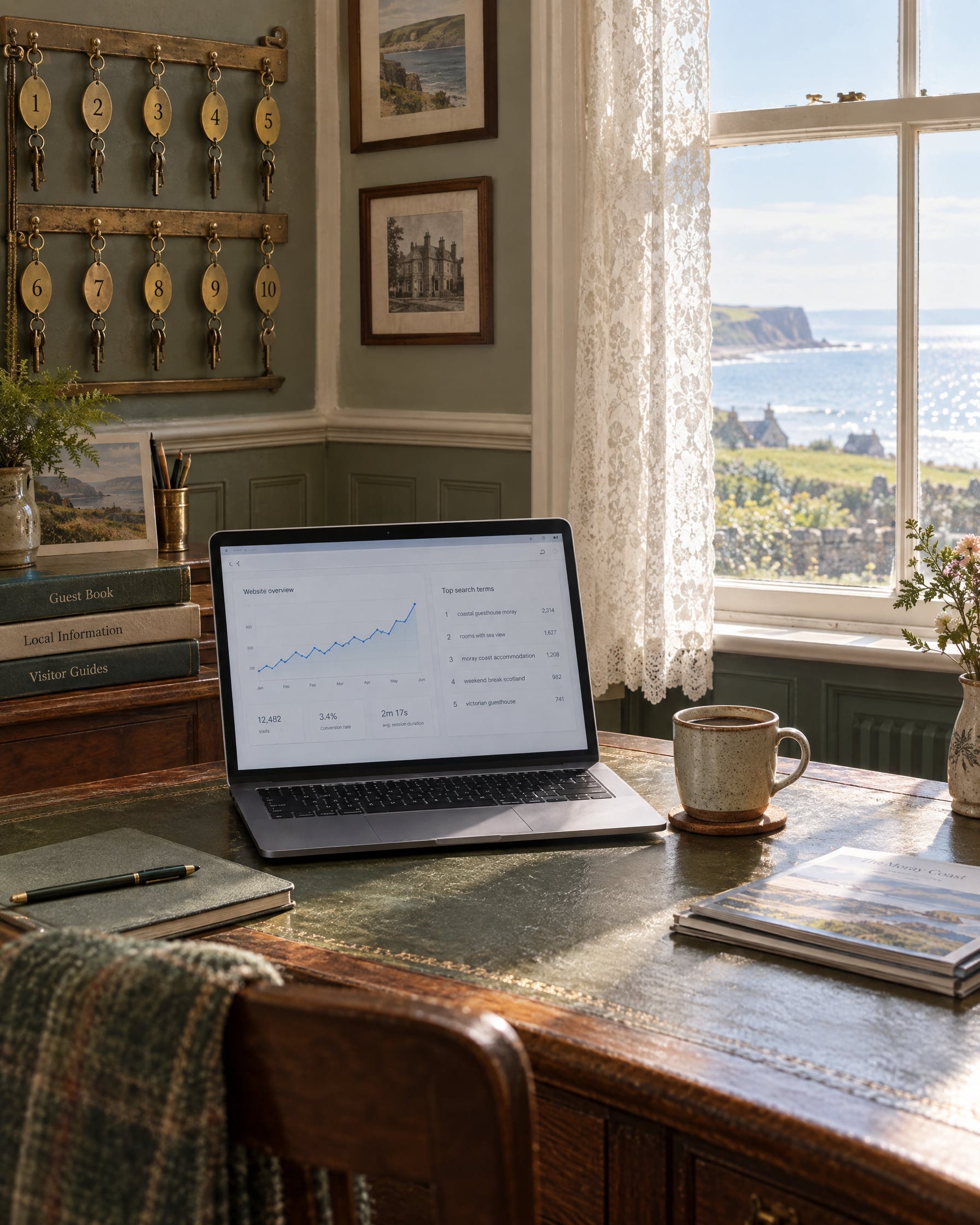 A guesthouse office in a Victorian villa on the Moray coast: a laptop on a leather-topped desk shows an analytics dashboard with a rising line chart, a brass key rack, the sea bright through a sash window.