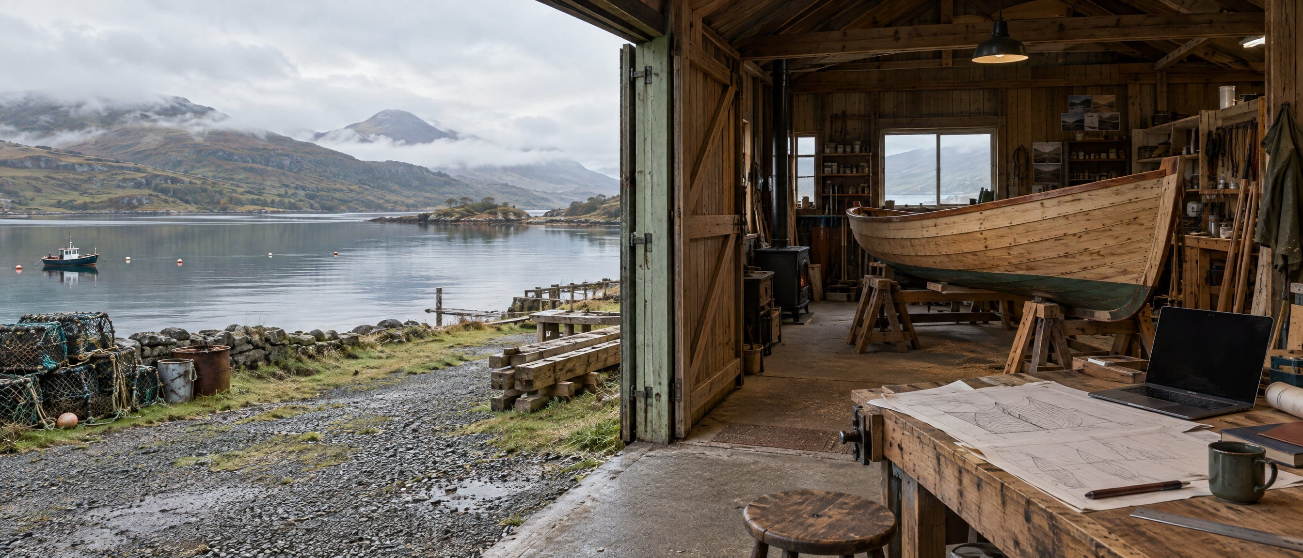 A small boatyard workshop on a sea loch with its big door open: a workbench with a laptop and printed plans, a wooden boat on trestles, calm water and misty hills outside.