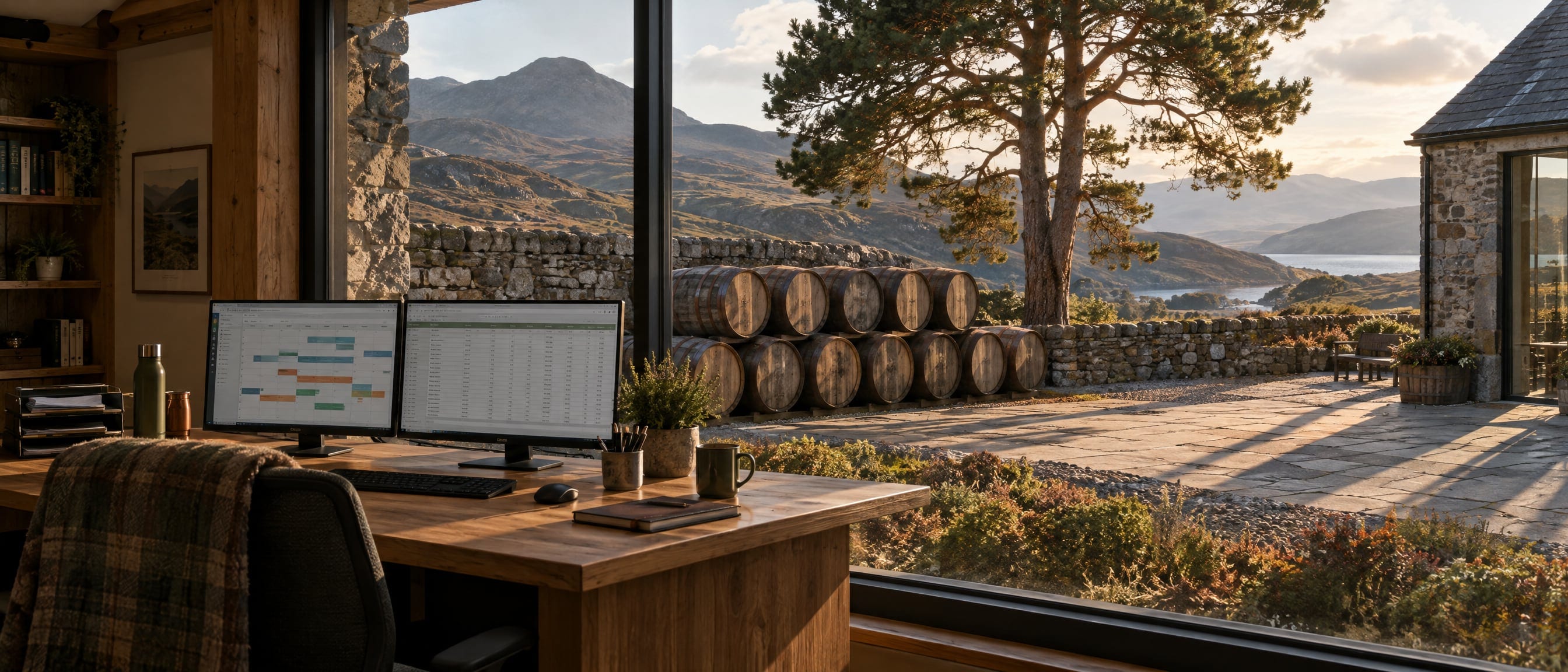 A Highland visitor-centre courtyard in late sun: through a large window a desk with two screens showing a booking calendar and a spreadsheet, oak casks stacked against the stone wall outside.