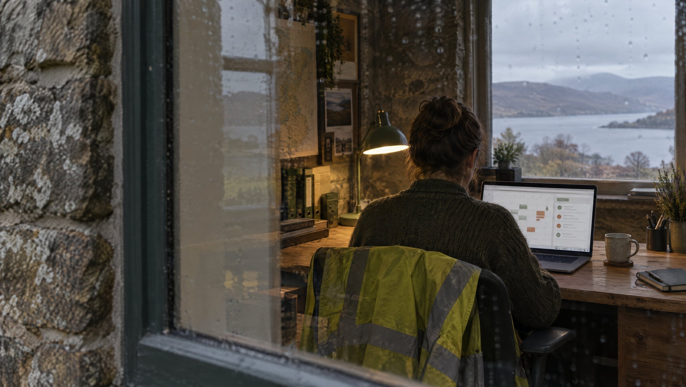 Seen through a rain-speckled window, a person works from behind at a timber desk in a stone-walled Highland office, a laptop showing a booking calendar, a hi-vis jacket over the chair.